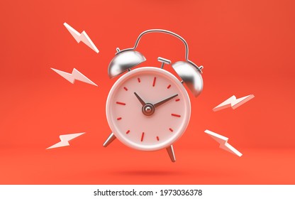 White and silver metal vintage ringing alarm clock on bright red background. Modern design, 3d rendering.