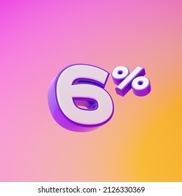 White six percent or 6 % with purple outline isolated over pink and yellow background. 3D rendering.