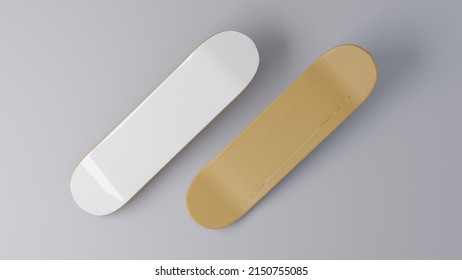 White Skateboard Deck Part. Show Bot Side On Gray Background. 3D Rendering