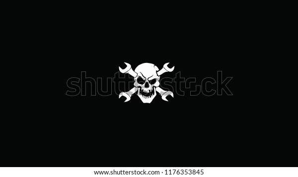 White skull with\
wrenches on black\
background