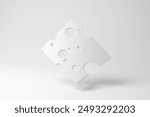 White slice of cheese floating in mid air on white background in monochrome and minimalism. 3D illustration of the concept of dairy products, local produce and cheese manufacturing