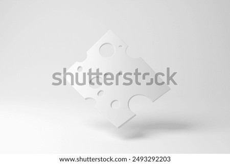 White slice of cheese floating in mid air on white background in monochrome and minimalism. 3D illustration of the concept of dairy products, local produce and cheese manufacturing