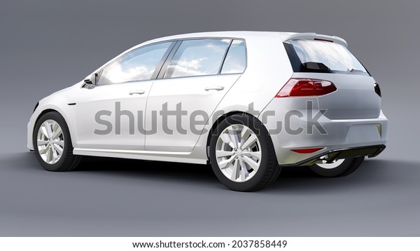 White small family car hatchback on gray\
background. 3d\
rendering
