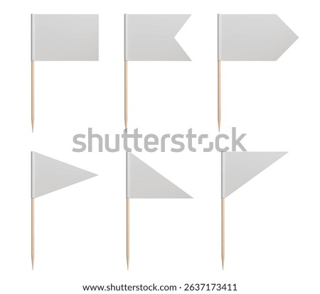 White small flags on toothpicks, blank flags of different shapes on wooden sticks, empty round triangular rectangle mini decorative pennants for food collection. 3d render
