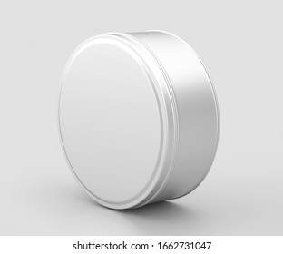 White Small Round Tin Can Mockup, Blank Food Container, 3d Rendering Isolated On Light Gray Background, Ready For Your Design