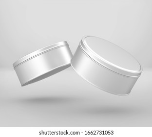 White Small Round Tin Can Mockup, Blank Food Container, 3d Rendering Isolated On Light Gray Background, Ready For Your Design