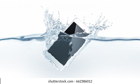 White smartphone mock up sinks in water, 3d rendering. Mobile smart phone with touch screen mockup fall under liquid surface. Electronic waterproof cellphone falling and dive with splashes. 