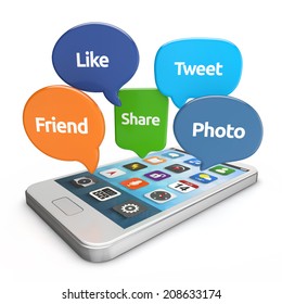 White Smartphone With Social Media Bubbles (like, Tweet, Friend, Share, Photo) Isolated White Background