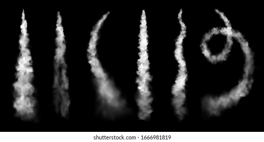 White smoke trails, realistic set of stem jet clouds of plane contrail or spaceship launch. Airplane track smoke trails in curve and spiral shape, smoky flow texture on background