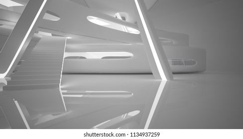 White smooth abstract architectural background. Night view with illumination. 3D illustration and rendering