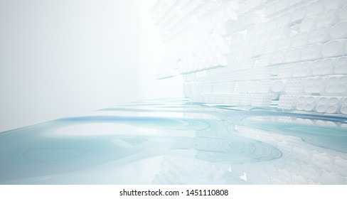 White smooth abstract architectural background with water. 3D illustration and rendering