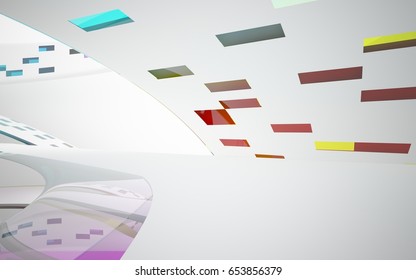 White smooth abstract architectural background whith colored gradient lines . 3D illustration and rendering