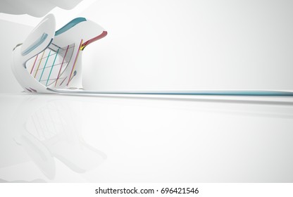 White smooth abstract architectural background whith colored gradient lines . 3D illustration and rendering