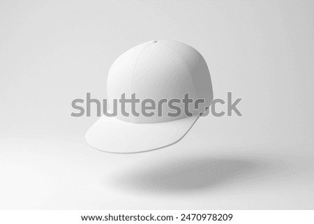 White snapback cap floating in mid air on white background in monochrome and minimalism. 3D illustration of the concept of fashion industry, clothing and textile
