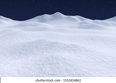 White Snow Hills And Smooth Snow Surface Under Dark Blue Night Sky With Stars, Winter Snow 3d Illustration Landscape