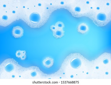 white soap foam in blue liquid background. Water with shampoo or cleaning foam for bath, laundry or skin care related product packaging design backdrop.
