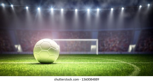 White Soccer Ball On Stadium Ready For Match Kick Off 3D Rendering, 3D Illustration