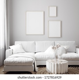 White Sofa With Decor And Mockup Frames On Wall In Scandinavian Style Interior, 3d Render