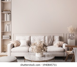  White Sofa In Living Room Interior Mockup, Natural Wooden Furniture And Trendy Home Accessories On Bright Beige Background, 3d Render, 3d Illustration