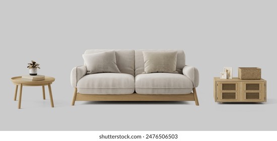White sofa and table isolated.3d rendering