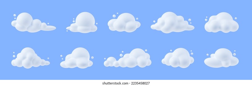 White soft clouds in sky  Overcast weather icons and simple fluffy cumulus clouds  atmosphere fog objects isolated blue background  3d render illustration  3D Illustration