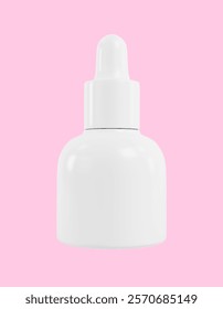 White Solid dropper serum bottle isolated on Pink background. Pipet Bottle for cosmetics product design. Opaque Clean Oil Skincare Container.