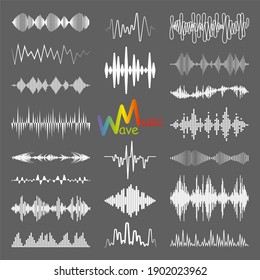White sound waves logo collection with audio symbols. Modern music equalizer elements set. Digital flat isolated illustration. waveform technology.