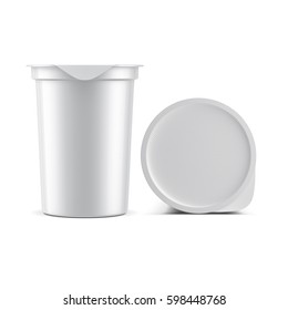 White Sour Cream Yogurt Plastic Cup With Silver Foil Lid Mockup, Cover Top View, 3d Rendering