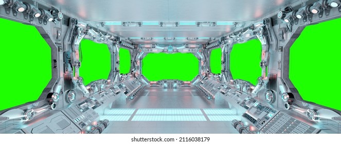 White Spaceship Interior With Isolated Large Window. Futuristic Spacecraft With Glowing Blue And Red Control Panels And Empty View. 3D Rendering