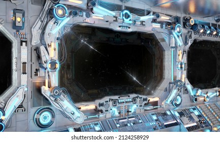 White Spaceship Interior With Isolated Large Window. Futuristic Spacecraft With Glowing Blue And Red Control Panels And Empty View. 3D Rendering