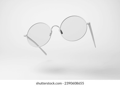 White spectacles floating in mid air on white background in monochrome and minimalism. 3D illustration of the concept of vision and education