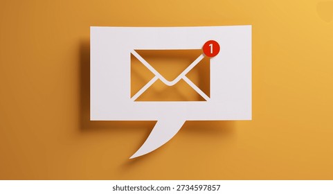 White speech bubble with mail notification symbol in front of a yellow colored wall - 3D illustration