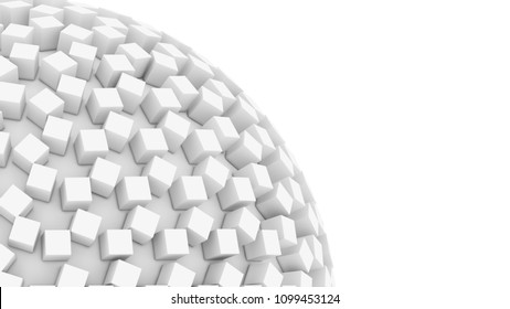 White sphere shape with cubes for technology concept isolated on white, 3d abstract illustration
