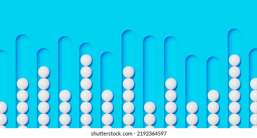 White Spheres Stacked With Different Heights On Blue Background, Abstract Data Visualisation Or Science, Business Or Research Modern Minimal Concept, 3D Illustration