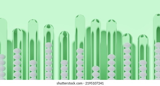 White Spheres Stacked In Glass Tubes With Different Heights On Green Background, Abstract Data Visualisation  Or Science, Business Or Research Modern Minimal Concept, 3D Illustration