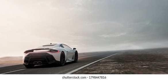 White Sports Car Driving On The Open Road Ahead  - With Copy Space On The Right (non-existent Car Design, Fully Generic), Realistic Render Combined With Photography - 3d Illustration, 3d Render