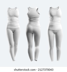 White sportswear mockup, tank top, sleeveless T-shirt, leggings, 3D rendering with space for design, print, pattern, isolated on background. Set of womens tracksuit, front, back view, for advertising