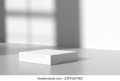 White square empty podium or stand with window shade on white background. Showcase for advertising and mockup for product display. 3D render.
