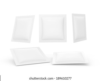 White Square Heat Sealed Packet With Clipping Path,Packaging For Sweet, Snack,milk Bar,coffee,salt,sugar, Medicine Drug,cooling Gel Patch,condom, Seed,shampoo,lotion, Paper Wipe,ready For Your Design 