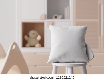 White square pillow in kids room. Blank cushion case template for your graphic design presentation. Pillow cover mock up for print, pattern, personalized illustration. Close-up. 3D. 3D Illustration