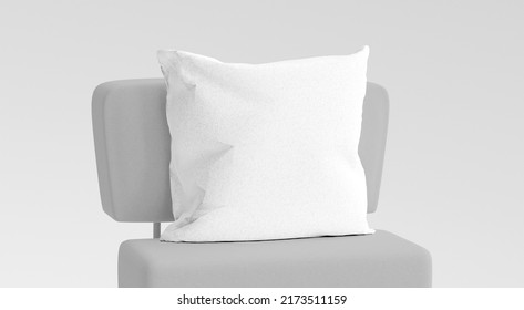 White Square Pillow Mockup On Modern Gray Chair 3D Illustration