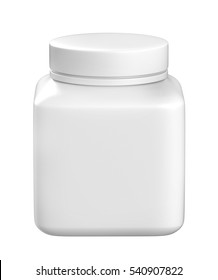 White Square Plastic Jar With Screw Cap, Packaging On White Background (Mock-Up)