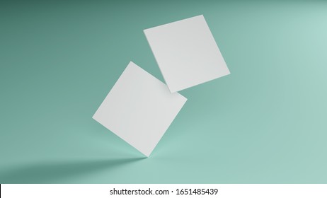 White Square Shape Business Card Mockup Stacking On Green Mint Pastel Color Table Background. Branding Presentation Template Print. 2.5 X 2.5 Inch Paper Size Cover. 3D Illustration Rendering