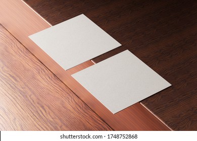 White Square Shape Paper Business Card Mockup On Wooden Brown Table Background. Branding Presentation Template Print Graphic Design. Two Cards. 3D Illustration Rendering