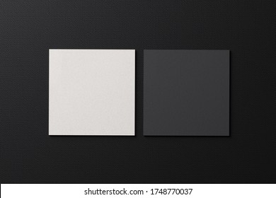 White Square Shape Paper Business Card Mockup On Black Modern Chromium Table Background. Branding Presentation Template Print Graphic Design. Two Cards Mock Up. 3D Illustration Rendering