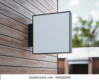 White square signboard on the wooden wall. 3d rendering