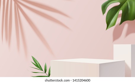 White Square Stage With Tropical Plants On Pink Background In 3d Illustration