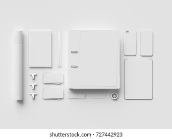 White Stationery & Branding Mockup . Office supplies, Gadgets. 3D illustration. High quality