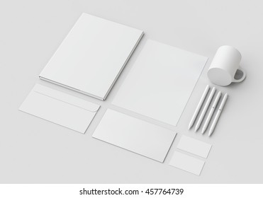 White stationery mock-up, template for branding identity on gray background.
For graphic designers presentations and portfolios. 3D rendering.