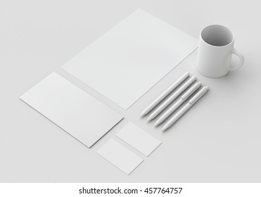 White stationery mock-up, template for branding identity on gray background.For graphic designers presentations and portfolios. 3D rendering.